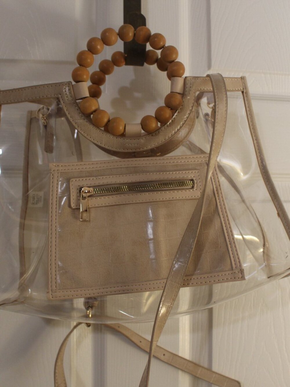 Clear Vinyl SKU271 Tote Bag with Wood Bead Handle & Croc-Embossed Trim